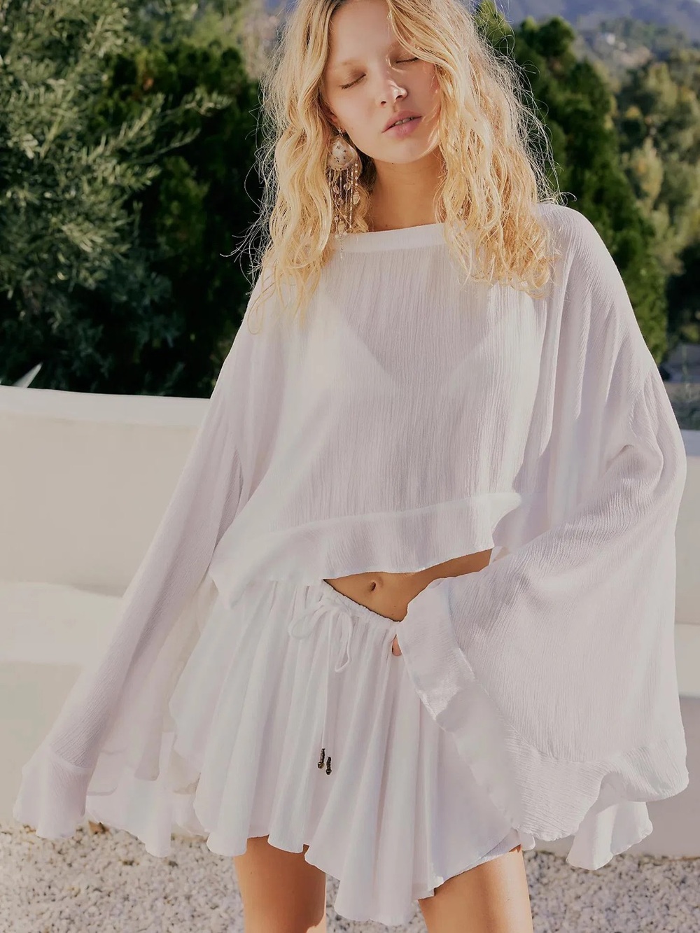 Free People Freest Lightweight White Balloon Sleeve Top and Mini Skirt Set